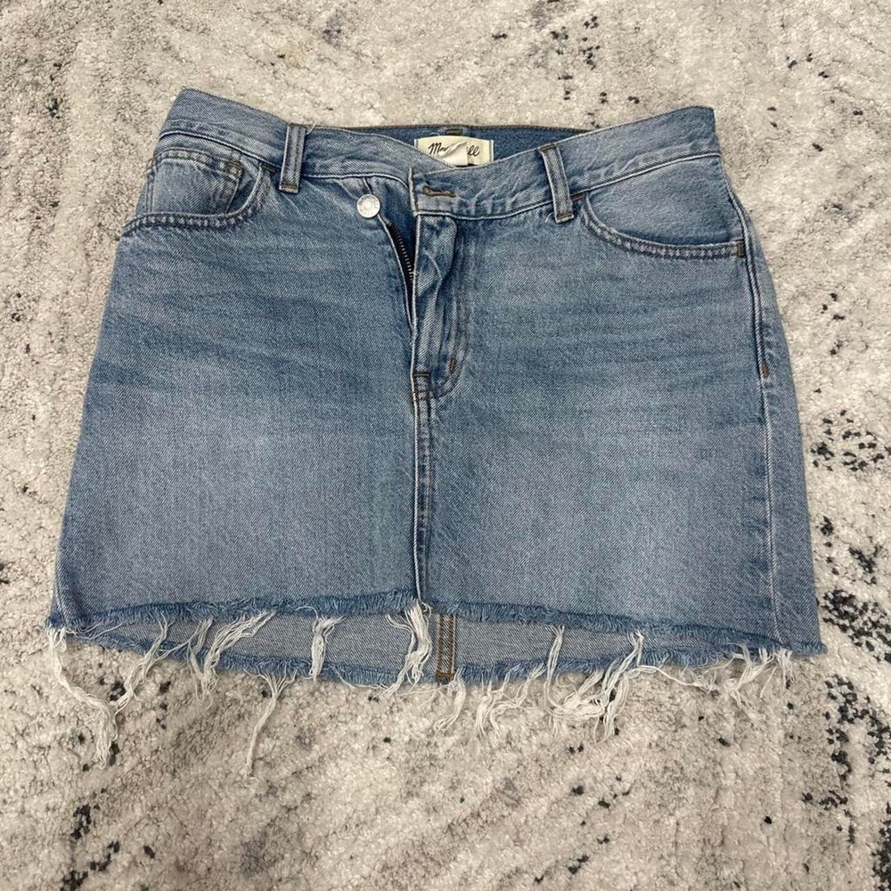 Madewell Asymmetrical Button Fly Denim Mini Skirt Raw Hem Blue Light Wash